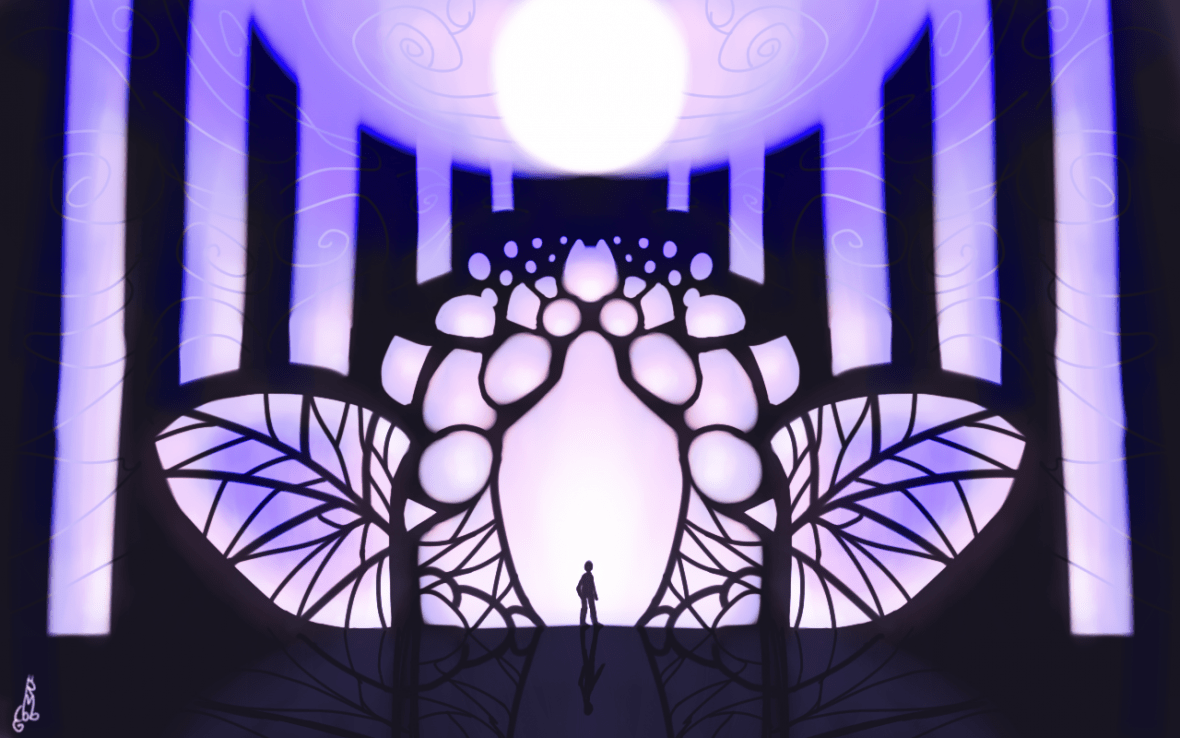 Illustration of a man happening upon a very weird purple gate.