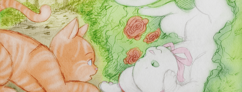 Illustration for "Tommy Cat Gives the Tour". There are two cats on a garden path. On the right is a white cat in a pink bonnet, turned upside-down and stuck in some rose bushes, smiling playfully. On the left is an orange tabby tomcat, who is staring at the white cat in amazement that she's not bothered by the thorns. It's warm and sunny and altogether very cozy-looking.