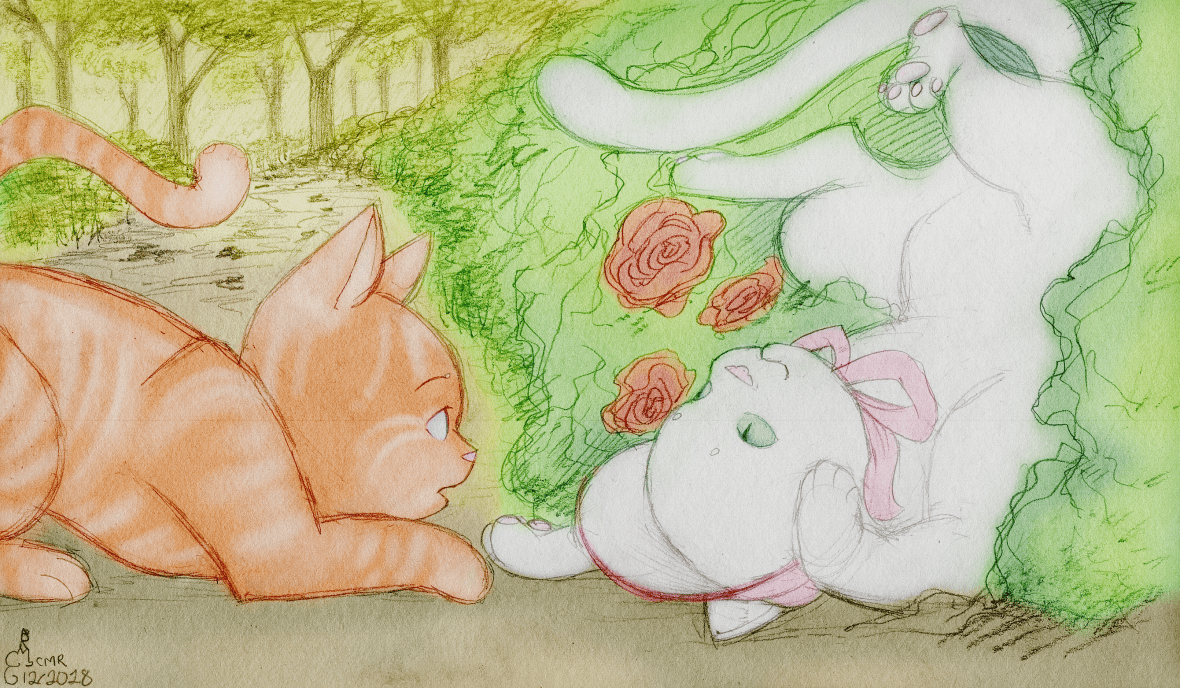 Illustration for "Tommy Cat Gives the Tour". There are two cats on a garden path. On the right is a white cat in a pink bonnet, turned upside-down and stuck in some rose bushes, smiling playfully. On the left is an orange tabby tomcat, who is staring at the white cat in amazement that she's not bothered by the thorns. It's warm and sunny and altogether very cozy-looking.