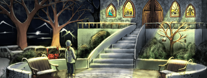 Illustration for "Homecoming, Part 1". A picture of a young woman standing in the courtyard of an old, Catholic-built church, with stained-glass windows. It's wintertime, and there's snow on everything, in addition to the dark night sky.